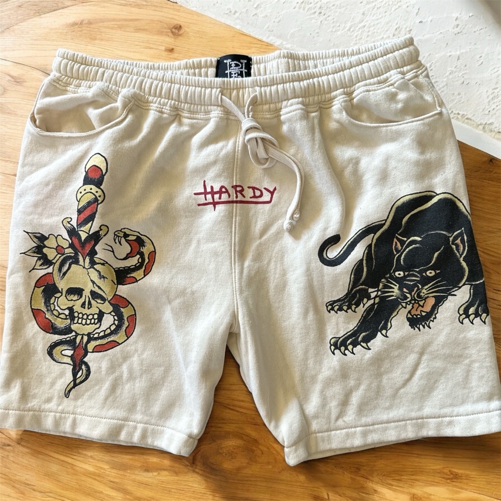 Ed Hardy Cream Shorts with Black Panther & Red Snake Graphics